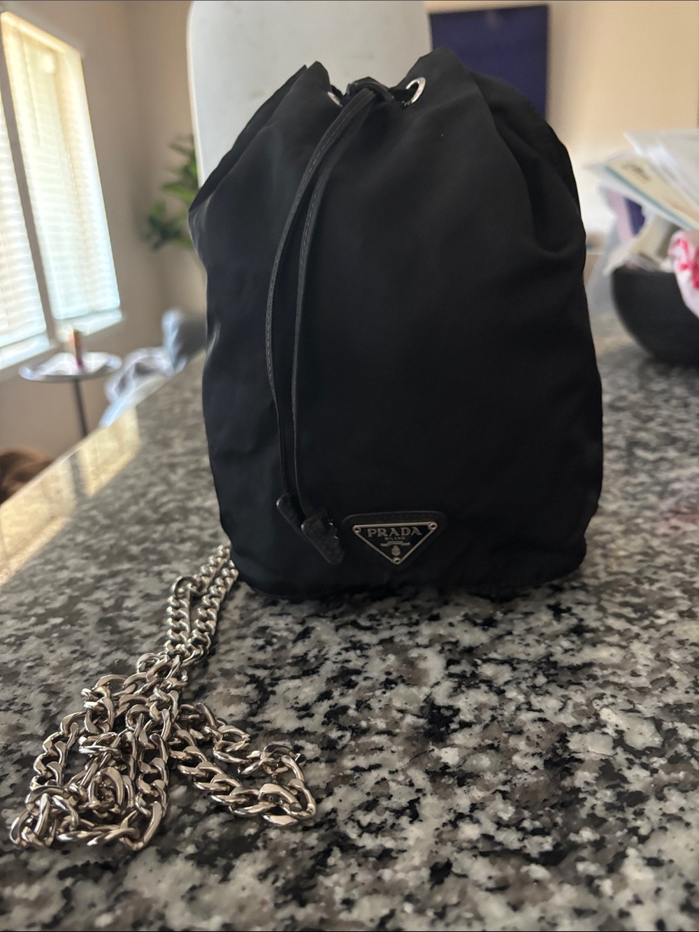 Prada Black Nylon Mini Drawstring Bag with Silver Chain